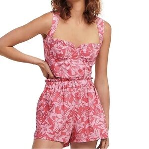 Charlie Holiday Women's Madonna Linen-Cotton Floral Print Shorts Set in Pink Nwt
